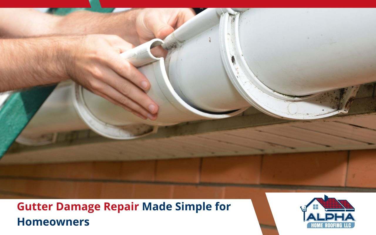 Technician repairing damaged gutter on a residential roof in NJ