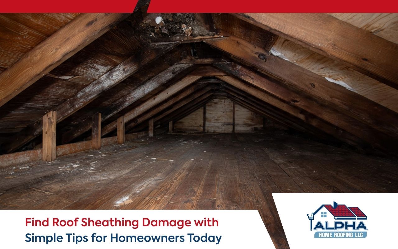 roof sheathing damage visible in an attic with dark spots and damp wood