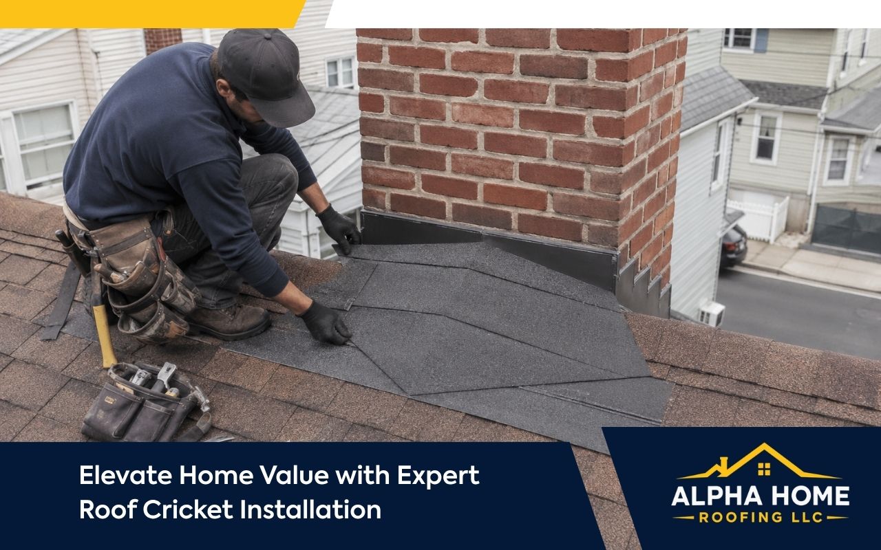 Chimney roof cricket guiding rainwater away from flashing