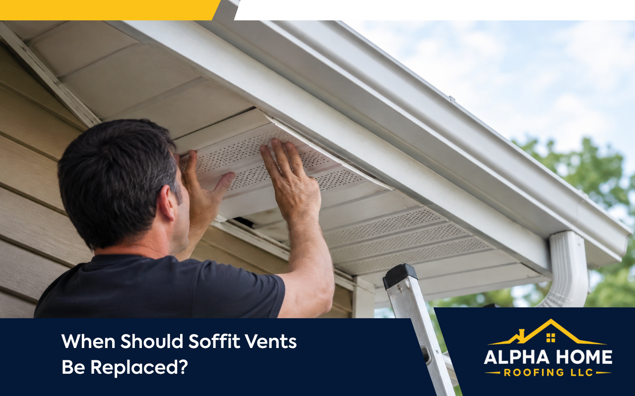 Home exterior showing soffit vent replacement below the roof edge